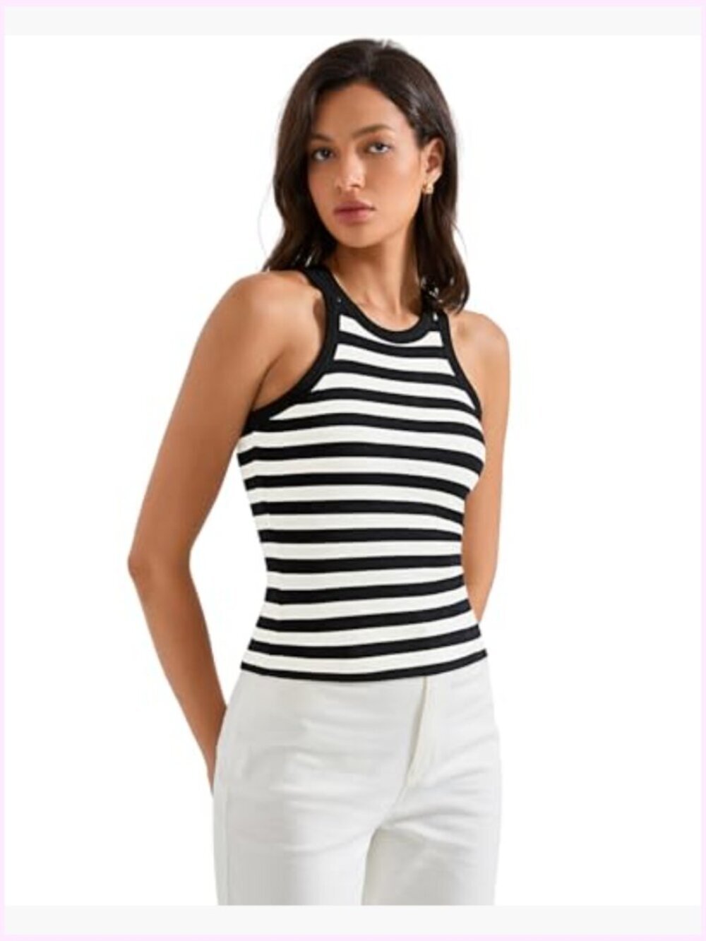 Padded Cotton Ribbed Tank Top High Neck Racerback Basic Top - Picture 5 of 7